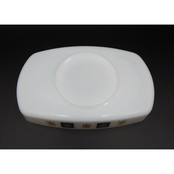 Federal Glass Baking Dish 11 Inch Atomic Starburst Milk Glass Gold Black - Picture 6 of 9